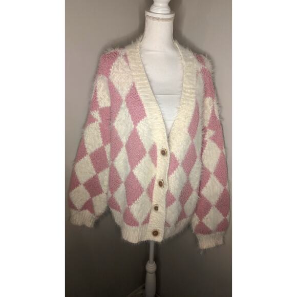 POL Sweaters - POL Argyle Fuzzy Cardigan Cozy Boutique Soft Girl Sweater Large